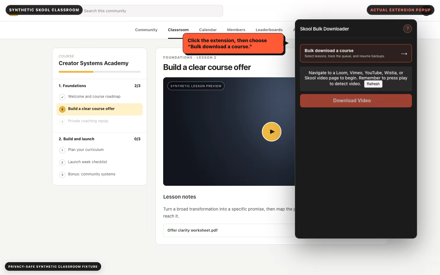 Open the extension and choose “Bulk download a course.” Current testing-build capture using privacy-safe synthetic course data.