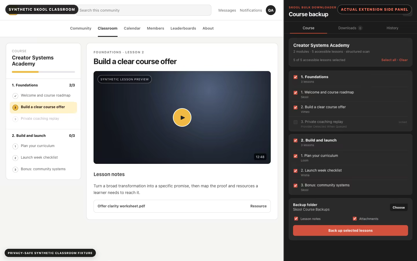 Select permitted lessons beside the classroom you already have open. Current testing-build capture using privacy-safe synthetic course data.