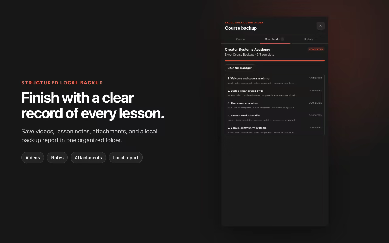 Choose the backup folder before the course job starts. Shown with privacy-safe synthetic course data.