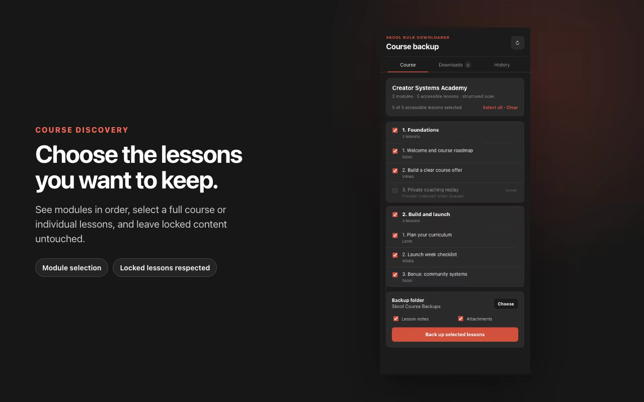Choose the whole course, specific modules, or individual lessons. Current testing-build capture using privacy-safe synthetic course data.