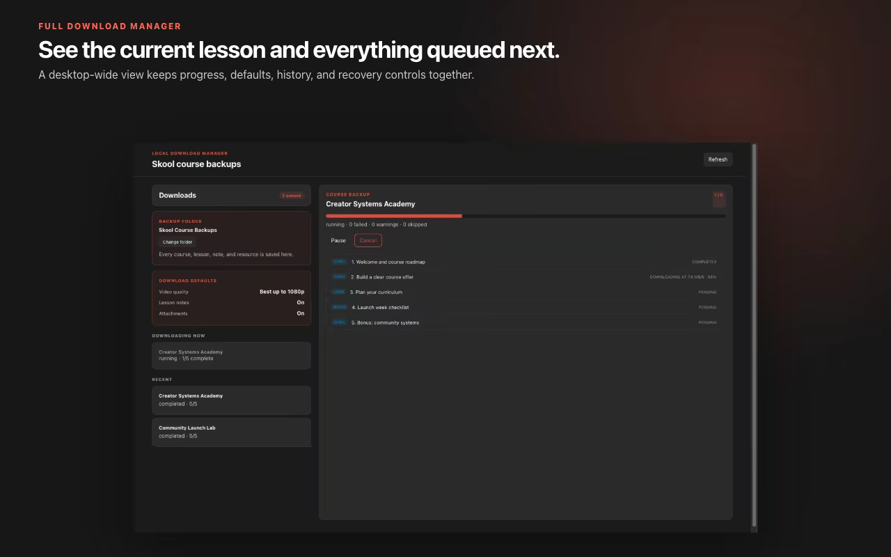 Review the selected work and quality cap before committing disk space. Shown with privacy-safe synthetic course data.