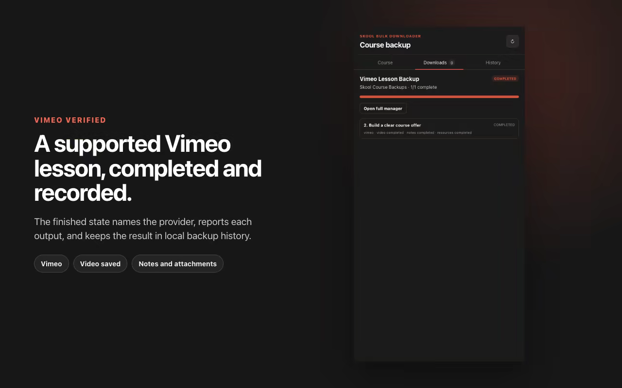 A supported Vimeo lesson reaches an explicit completed state. Shown with privacy-safe synthetic course data.